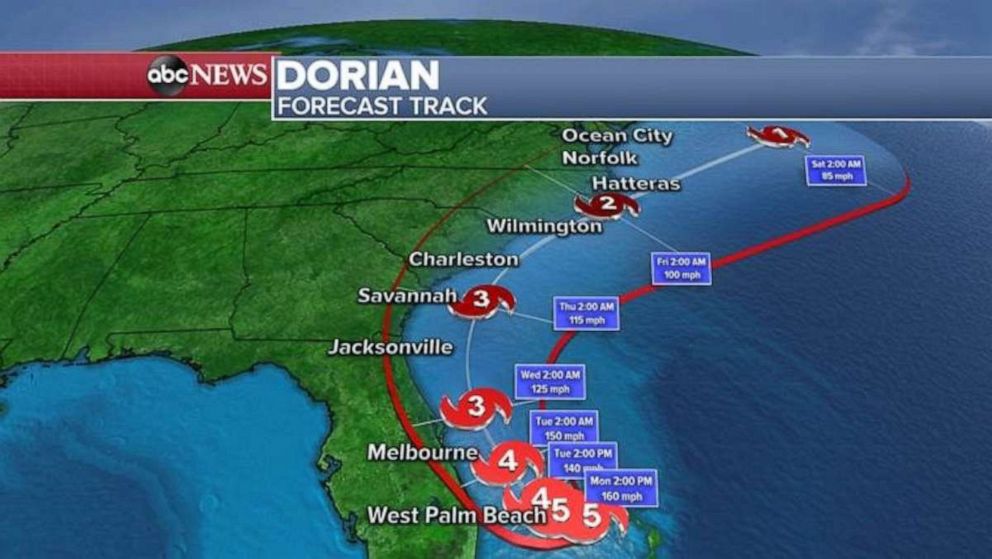 PHOTO: The forecast track for Hurricane Dorian, Sept. 2, 2019. 
