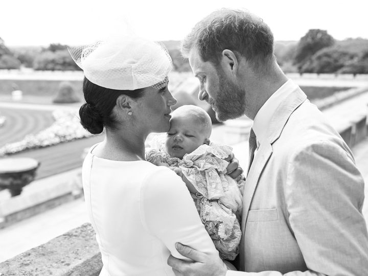 This official christening photograph shows the Duke and Duchess of Sussex with their son, Archie Harrison Mountbatten-Windsor