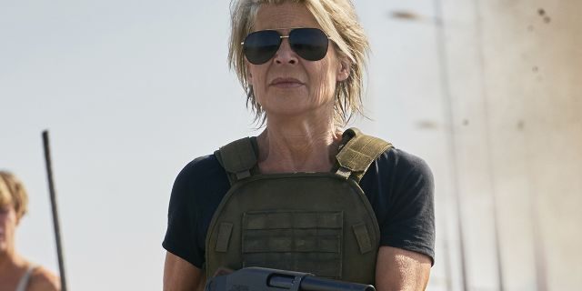 This image released by Paramount Pictures shows Linda Hamilton in a scene from "Terminator: Dark Fate," in theaters on Nov. 1. (Kerry Brown/Skydance Productions and Paramount Pictures via AP)