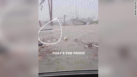 An image shows Bryce Russell&#39;s truck underwater in Marsh Harbour, with a circle and text that reads, &quot;That&#39;s the truck.&quot;