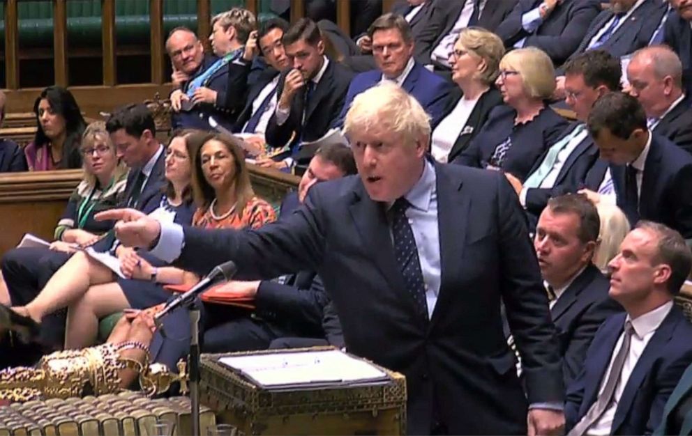 PHOTO: A video grab from footage broadcast by the Parliamentary Recording Unit shows Britains Prime Minister Boris Johnson gesturing toward the opposition benches while speaking in the House of Commons in London, Sept. 3, 2019.