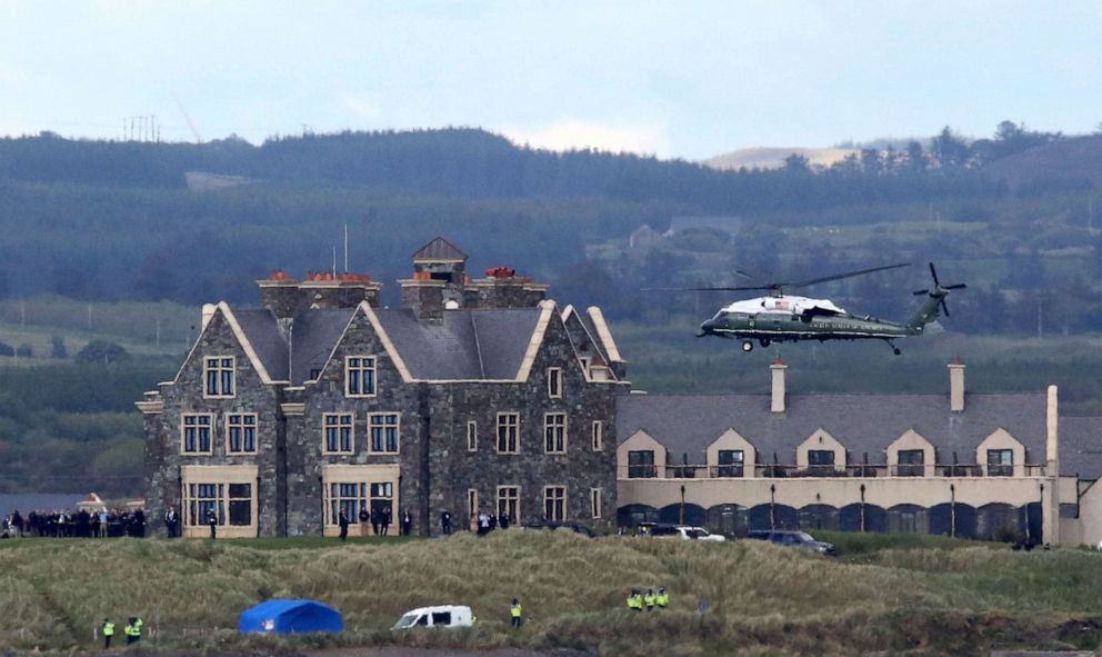 PHOTO: In this file photo taken on June 6, 2019, Marine One, carrying US President Donald Trump and First Lady Melania Trump comes in to land at the Trump International Golf resort near the village of Doonbeg in Ireland.