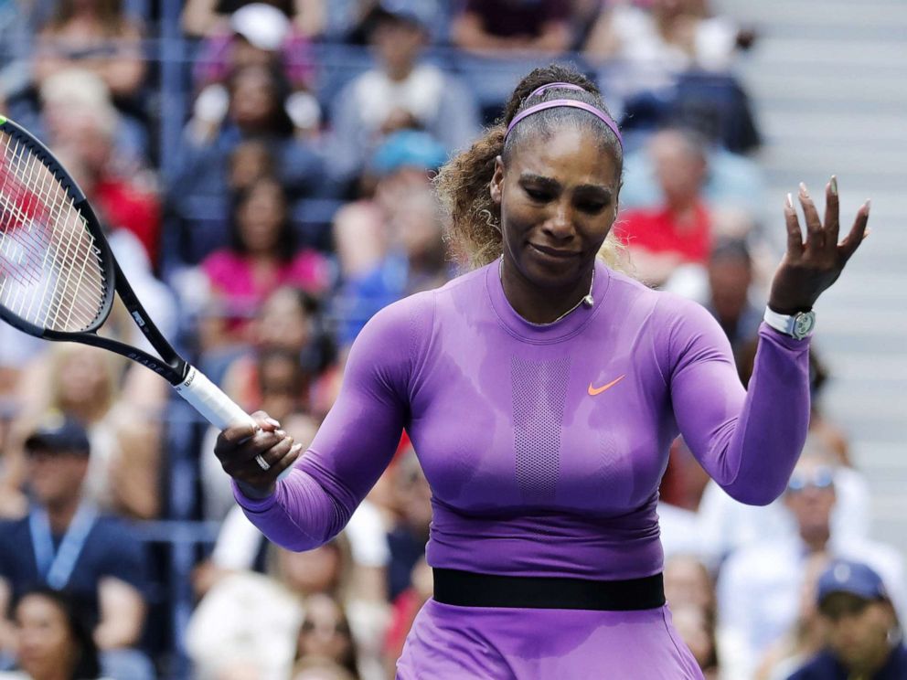 PHOTO: Serena Williams of the US reacts as she plays Bianca Andreescu of Canada during the womens final match on the thirteenth day of the US Open Tennis Championships the USTA National Tennis Center in Flushing Meadows, New York, Sept. 7, 2019.
