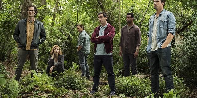 This image released by Warner Bros. Pictures shows, from left, Bill Hader, Jessica Chastain, James McAvoy, James Ransone, Isaiah Mustafa and Jay Ryan in New Line Cinema’s horror thriller "It: Chapter 2." (Brooke Palmer/Warner Bros. Pictures via AP)