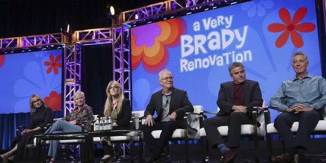 Members of "The Brady Bunch," cast, from left, Maureen McCormick, Eve Plumb, Susan Olsen, Mike Lookinland, Christopher Knight and Barry Williams participate in HGTV's "A Very Brady Renovation" panel at the Television Critics Association Summer Press Tour on Thursday, July 25, 2019, in Beverly Hills, Calif.