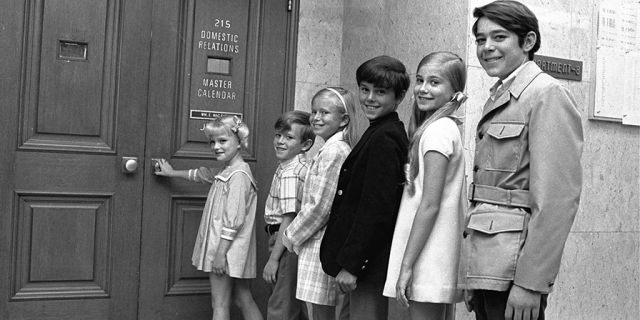 Six youngsters who only recently met line up outside a Los Angeles, Ca. courtroom June 18, 1969, to await approval of contracts calling for them to play brothers and sisters on a new television series. The series, called "The Brady Bunch," is about a widower with three boys who marries a widow with three girls and will premiere on ABC-TV in September. Left to right: Susan Olsen, 8; Michael Lookinland, 8 1/2; Eve Plumb, 11; Christopher Knight, 11; Maureen McCormick, 12; Barry Williams, 14.