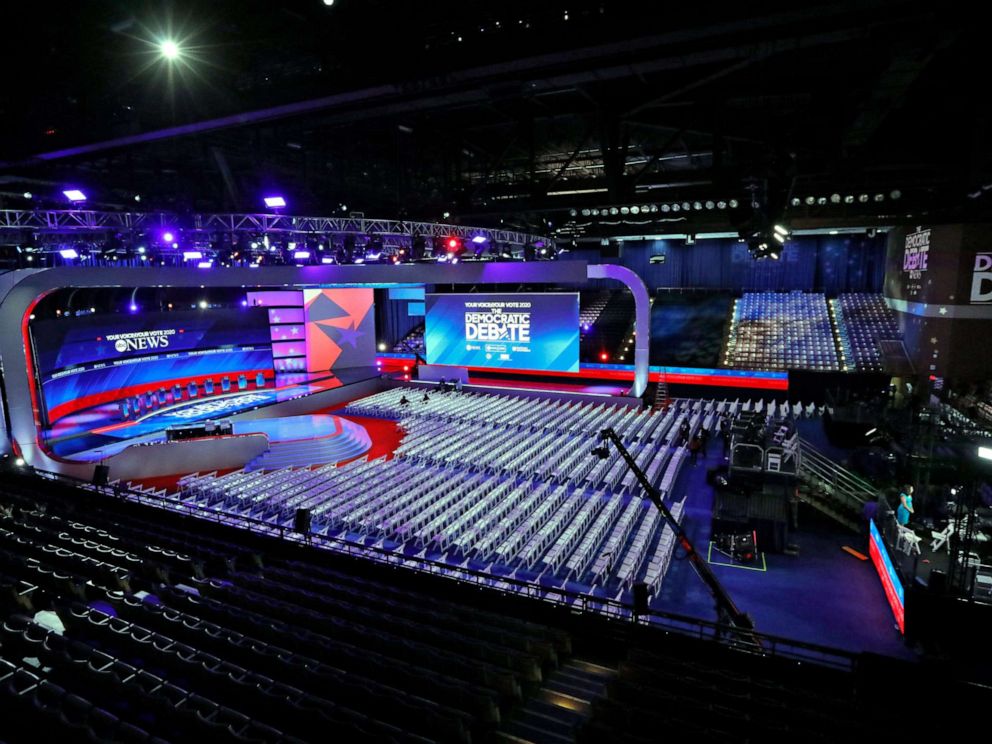 PHOTO: The stage is set for the Democratic debate at Texas Southern Universitys Health & PE Center in Houston, Sept. 12, 2019.