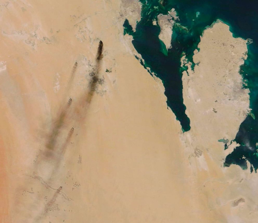 PHOTO: This Sept. 14, 2019, satellite image provided by NASA Worldview shows fires following Yemens Houthi rebels claiming a drone attack on two major oil installations in eastern Saudi Arabia.
