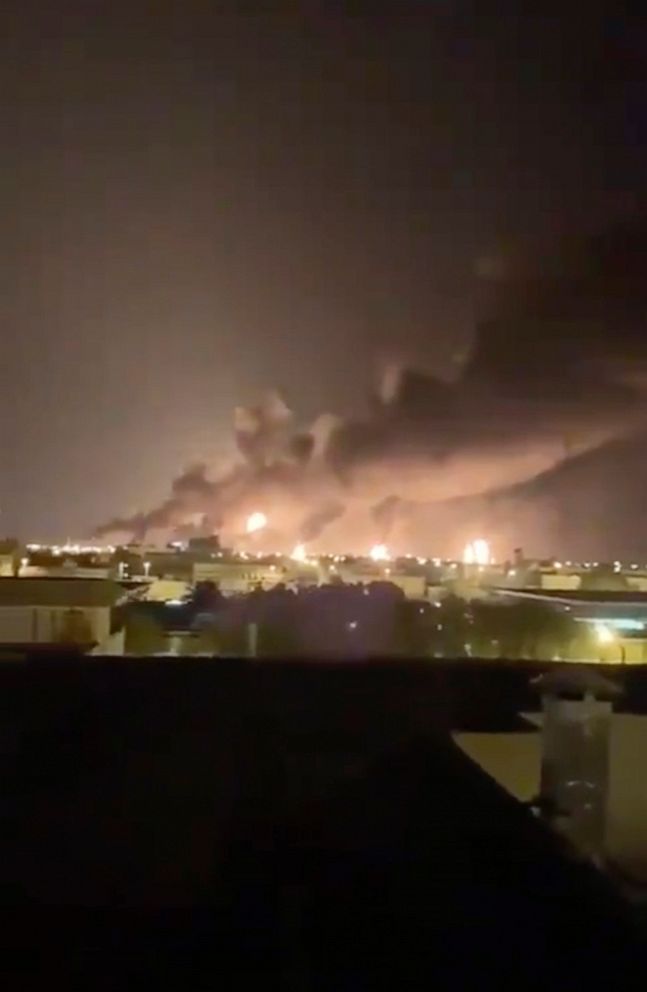 PHOTO:Smoke fills the sky at the Abqaiq oil processing facility on Saturday, Sept. 14, 2019, in Saudi Arabia.