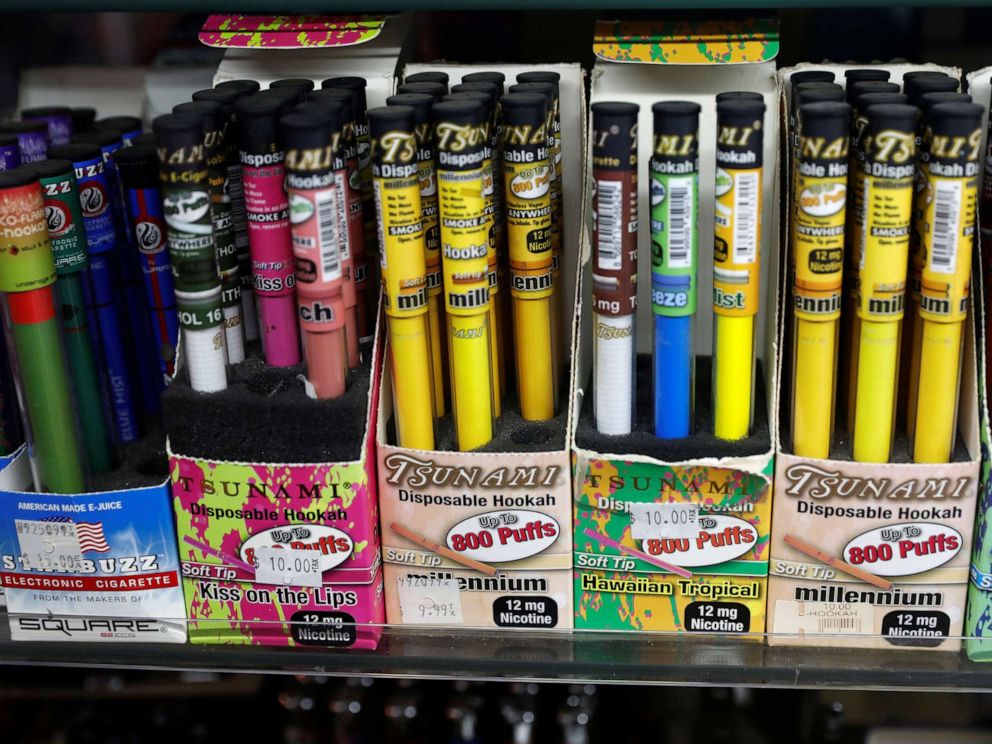 PHOTO: In this February 6, 2019, file photo, vaping products are displayed for sale in a shop in New York.