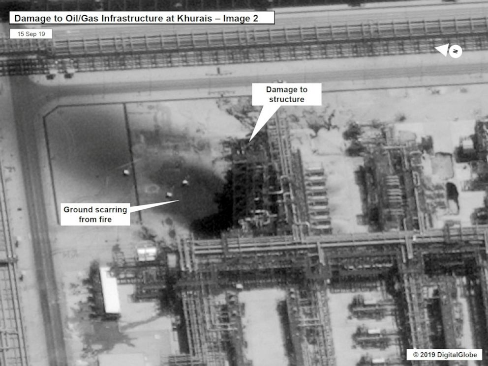 PHOTO: A satellite image showing damage to Saudi Aramco infrastructure at Khurais, in Saudi Arabia in this handout picture released by the U.S Government September 15, 2019.