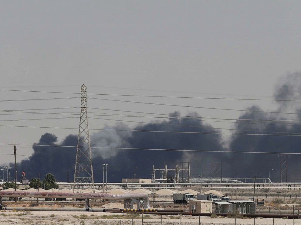 PHOTO: Smoke is seen following a fire at Aramco facility in the eastern city of Abqaiq, Saudi Arabia, Sept. 14, 2019.