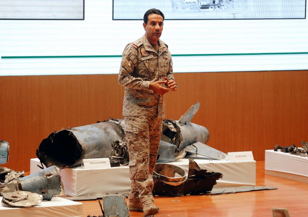 PHOTO: Saudi military spokesman Col. Turki al-Malki displays what he describes as an Iranian cruise missile and drones used in an attack that targeted the heart of Saudi Arabias oil industry, during a press conference in Riyadh, Sept. 18, 2019.