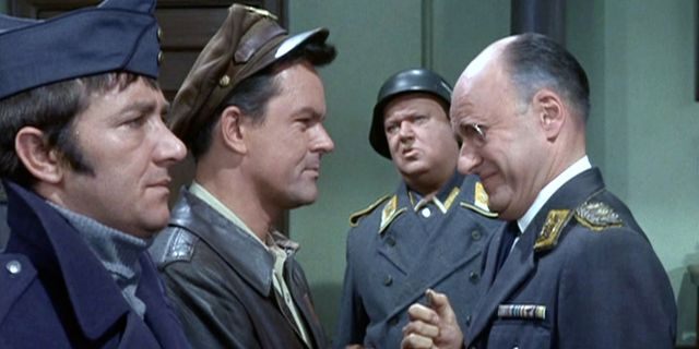 Richard Dawson as Cpl. Peter Newkirk, Bob Crane as Col. Robert E. Hogan, John Banner as Sgt. Hans Georg Schultz and Werner Klemperer as Col. Wilhelm Klink in the 'Hogan's Heroes' episode, 'Praise the Fuhrer and Pass the Ammunition.' Original airdate was Jan. 20, 1967.