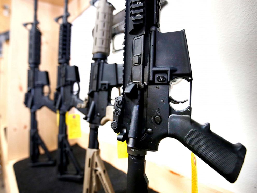 PHOTO: AR-15 semi-automatic guns are on display for sale, June 17, 2016, in Springville, Utah.