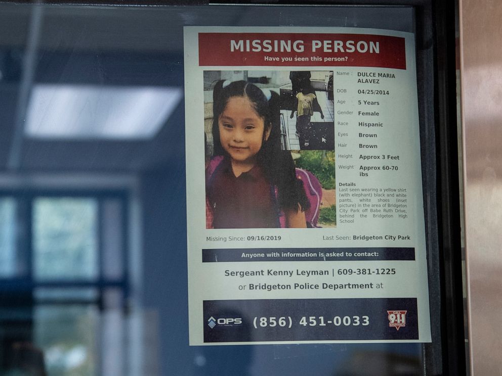 PHOTO: A missing poster of 5-year old Dulce Maria Alavez is shown posted on the window of the Bridgeton Police department in Bridgeton, N.J., September 18, 2019.