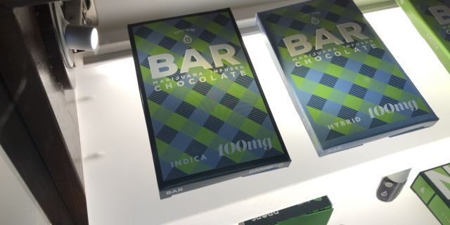 A chocolate bar infused with 100mg of THC for sale at a marijuana shop in Boston.