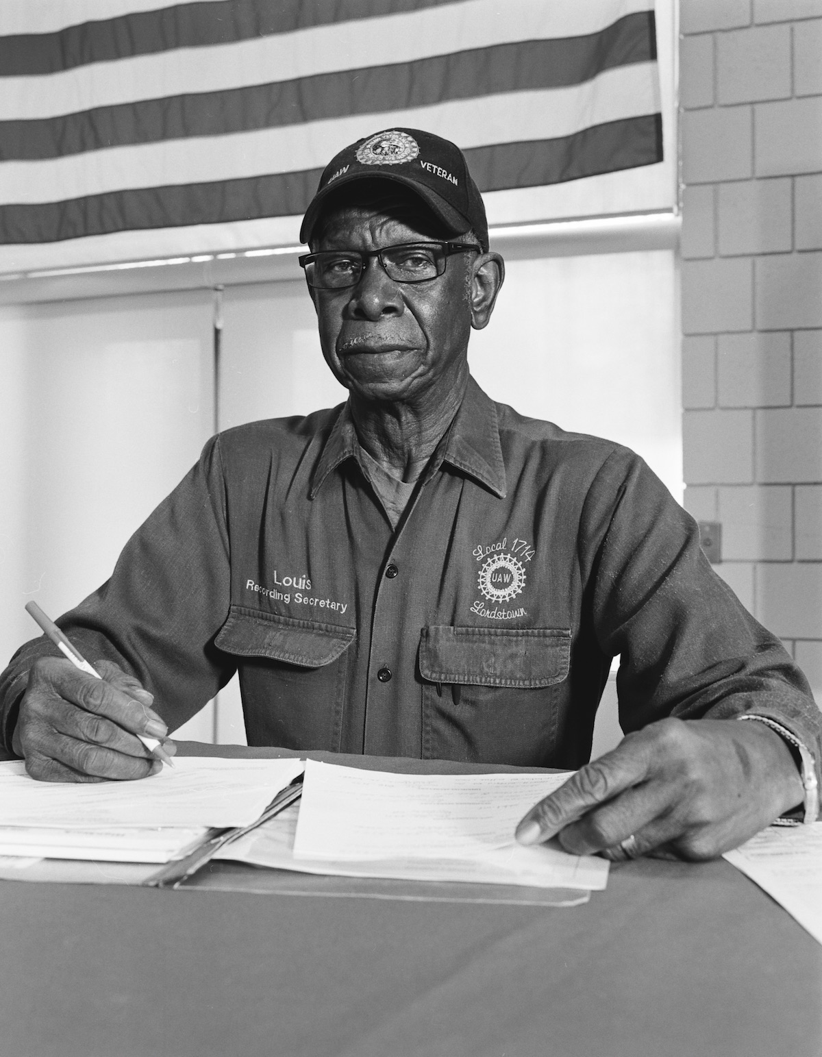 LaToya Ruby Frazier, 'Louis Robinson Jr., Local 1714 Recording Secretary, at UAW Local 1112 Reuther, Scandy, Alli union hall (retiree, 34 years in at GM Lordstown Assembly, die setter), Lordstown OH,' 2019.