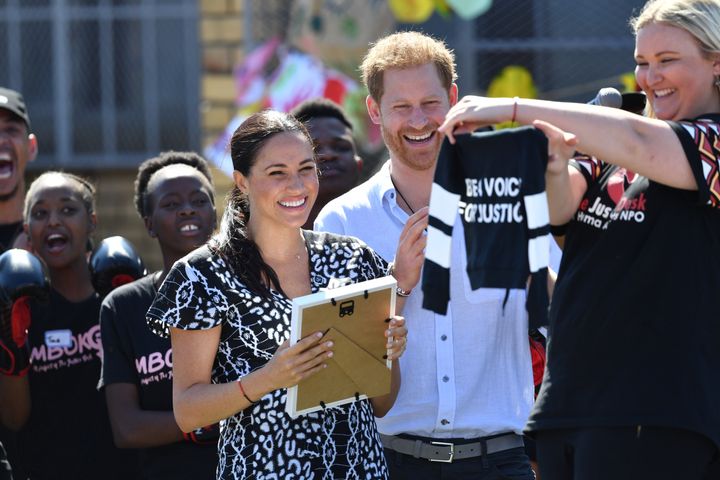 The Duke and Duchess of Sussex are presented with a gift for son Archie.&nbsp;