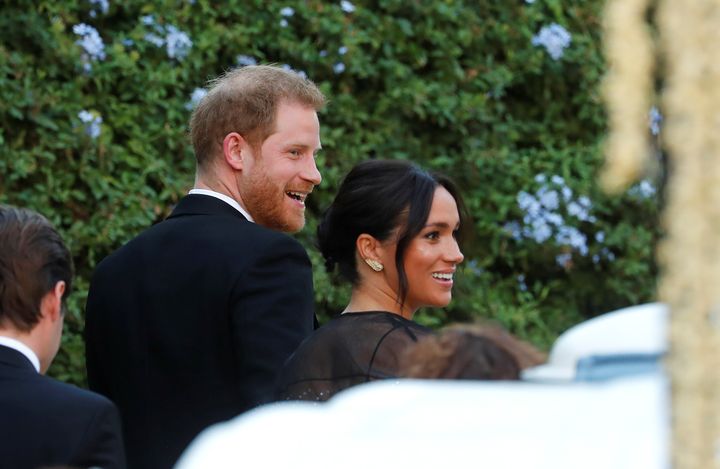 The Duke and Duchess of Sussex arrive to attend the wedding of fashion designer Misha Nonoo at Villa Aurelia in Rome, Italy o