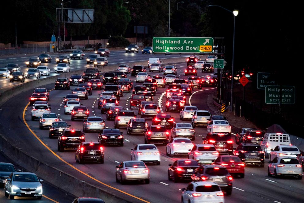PHOTO: In this file photo taken on September 17, 2019, cars drive on the 101 freeway in Los Angeles, California