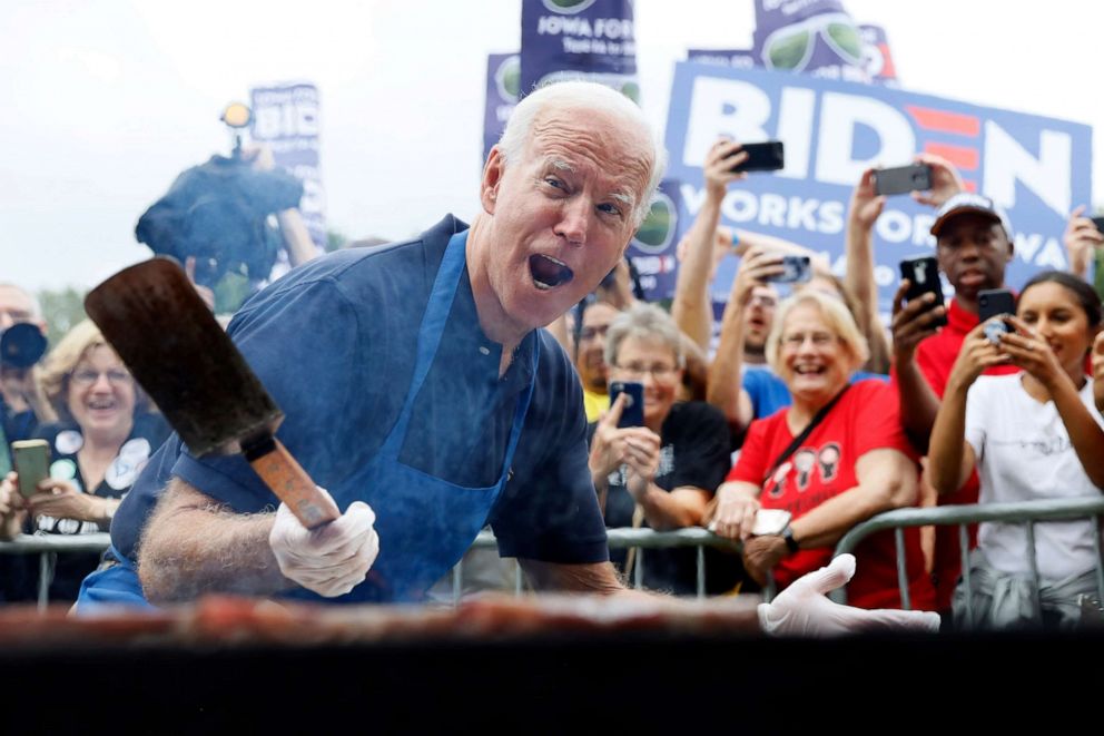 PHOTO: Democratic presidential candidate former Vice President Joe Biden works the grill during the Polk County Democrats Steak Fry, Sept. 21, 2019, in Des Moines, Iowa.
