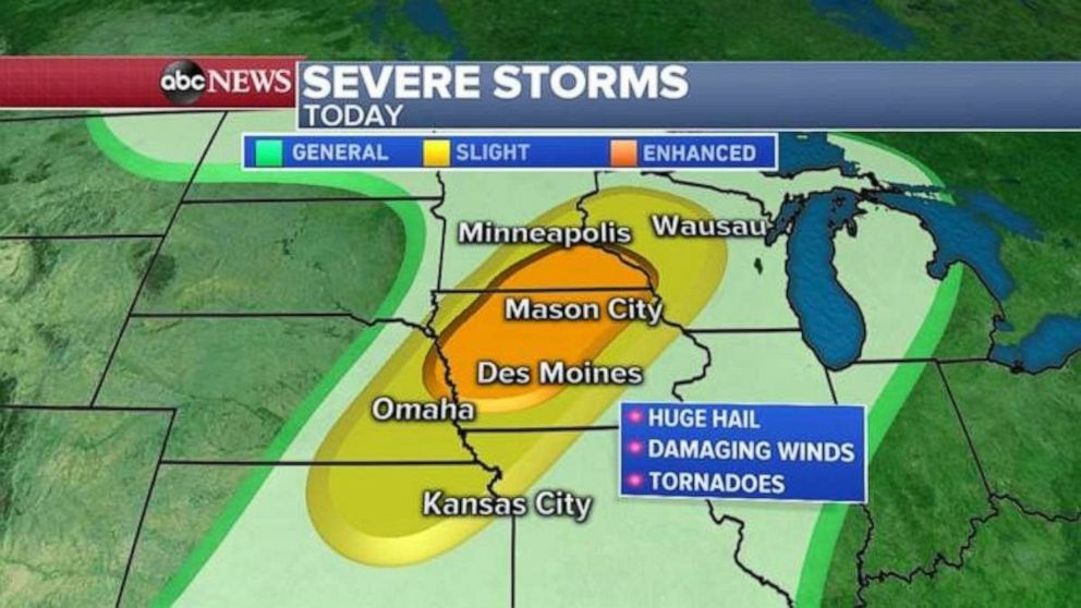 PHOTO: The biggest threat for tornadoes will be from Des Moines, Iowa to Rochester, Minnesota. 