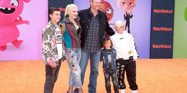Kingston Rossdale, Gwen Stefani, Blake Shelton, Apollo Bowie Flynn Rossdale, and Zuma Nesta Rock Rossdale attend STX Films World Premiere of "UglyDolls" at Regal Cinemas L.A. Live on April 27, 2019.