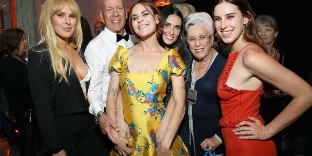 From l-r: Rumer Willis, Bruce Willis, Tallulah Belle Willis, Demi Moore, Marlene Willis and Scout LaRue Willis attend the after party for the Comedy Central Roast of Bruce Willis at NeueHouse on July 14, 2018 in Los Angeles, California.