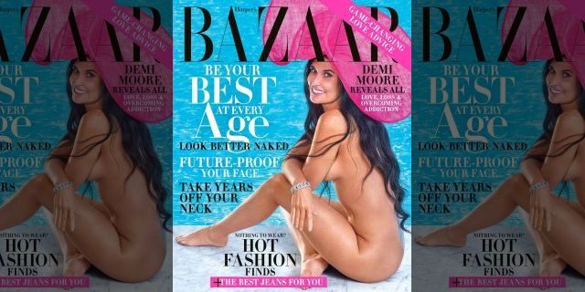 Demi Moore poses nude for the cover of Harper's Bazaar. The actress, 56, first posed nude in 1991 for Vanity Fair while pregnant with daughter Rumer Willis.