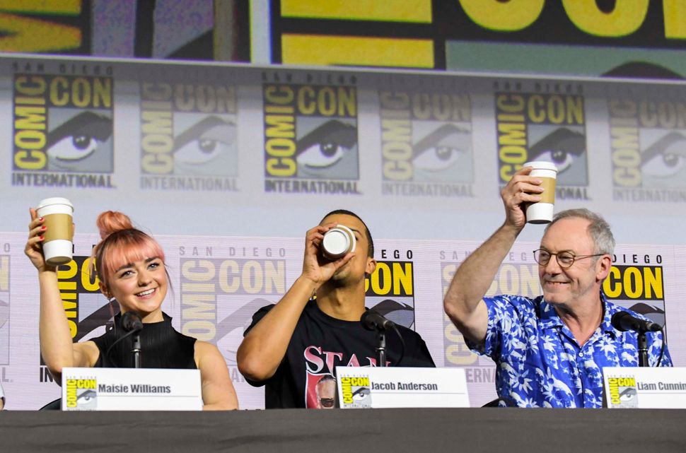 Maisie Williams, Jacob Anderson, and Liam Cunningham at &ldquo;Game Of Thrones&rdquo; Comic Con 2019. (Photo by Jeff Kravitz/