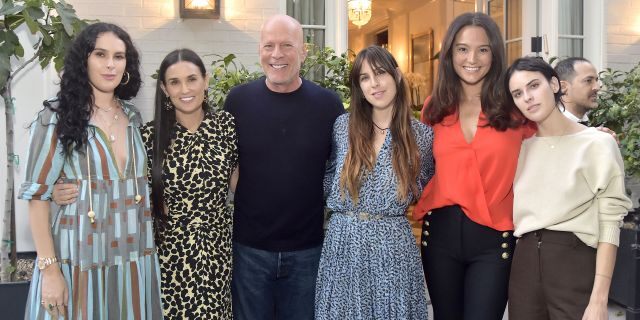 Rumer Willis, Demi Moore, Bruce Willis, Scout Willis, Emma Heming Willis and Tallulah Willis attend Demi Moore's "Inside Out" book launch party on Sept. 23, 2019 in Los Angeles.