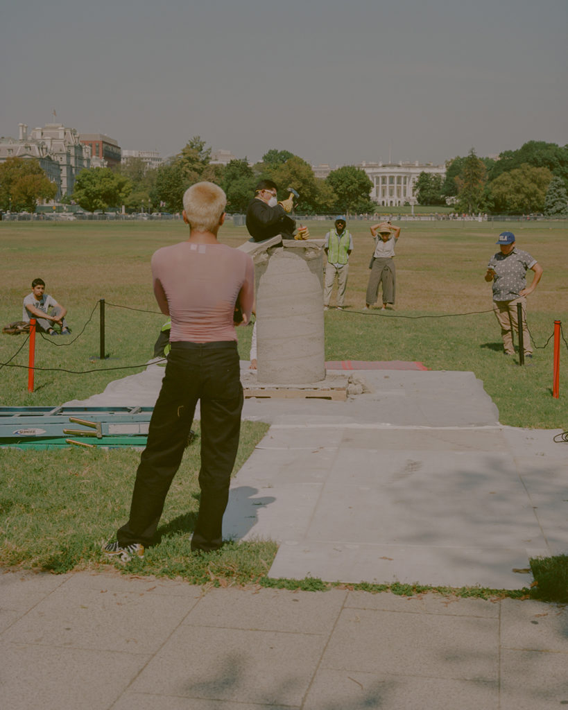 Performance view of rafa esparza's bust: indestructible columns, 2019, in Washington, D.C. 