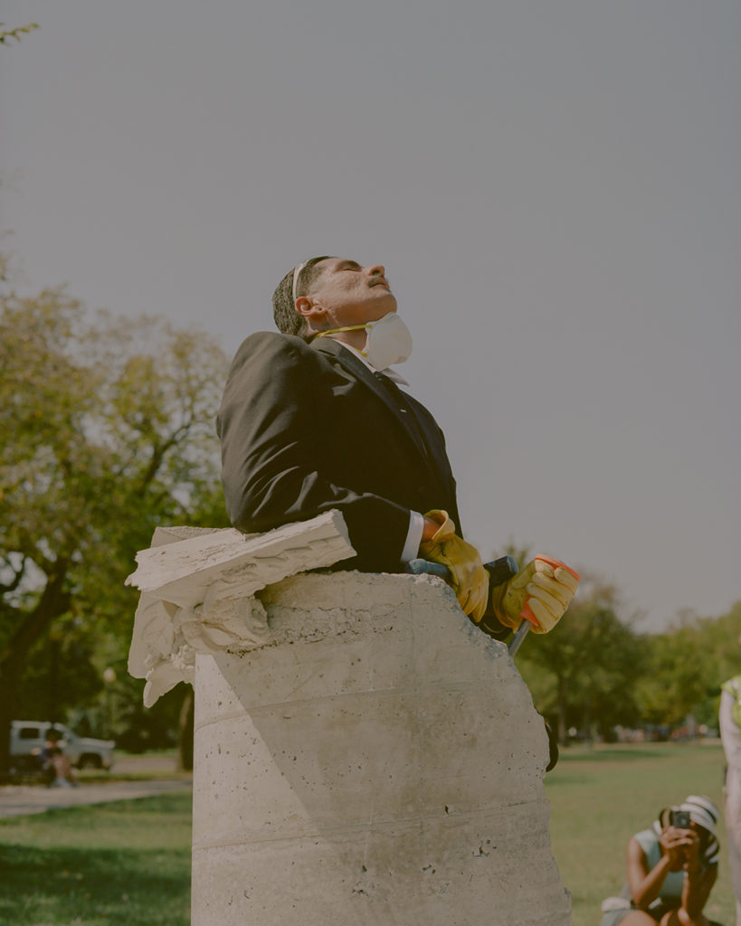 Performance view of rafa esparza's bust: indestructible columns, 2019, in Washington, D.C. 