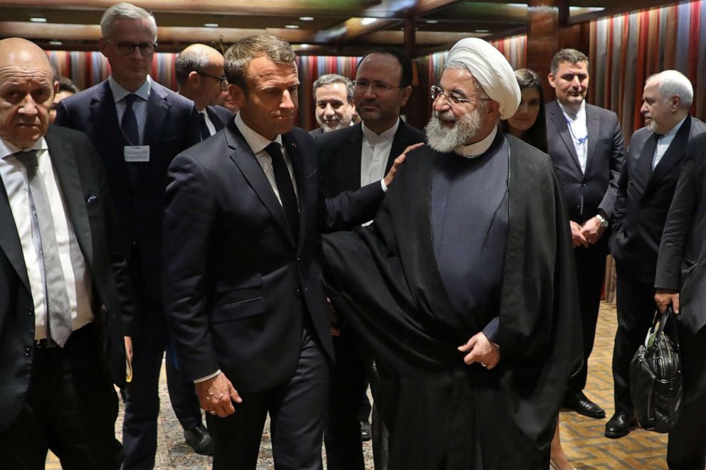PHOTO: French President Emmanuel Macron and Iranian President Hassan Rouhani speak after a meeting at the United Nations headquarters on September 23, 2019, in New York.