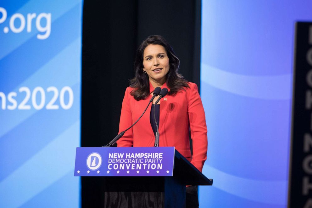 PHOTO: Democratic presidential candidate Rep. Tulsi Gabbard (D-HI) speaks during the New Hampshire Democratic Party Convention at the SNHU Arena on September 7, 2019 in Manchester, New Hampshire.