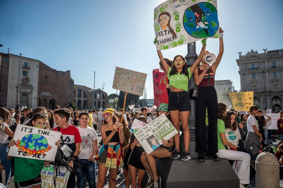 PHOTO: People take part in the climate march Fridays for Future, on September 27, 2019 in Rome, Italy.