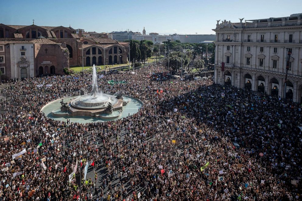 PHOTO: People take part in the climate march Fridays for Future, on September 27, 2019 in Rome, Italy.