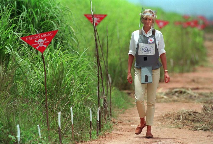 Diana, Princess Of Wales, visits a minefield being cleared by the charity Halo in Huambo, Angola.&nbsp;