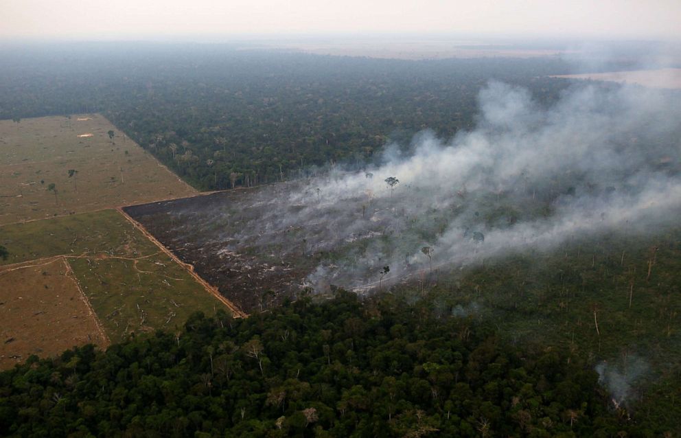 PHOTO: Smoke billows from a fire burning in an area of the Amazon rainforest near Porto Velho, Rondonia State, Brazil, Sept. 17, 2019.