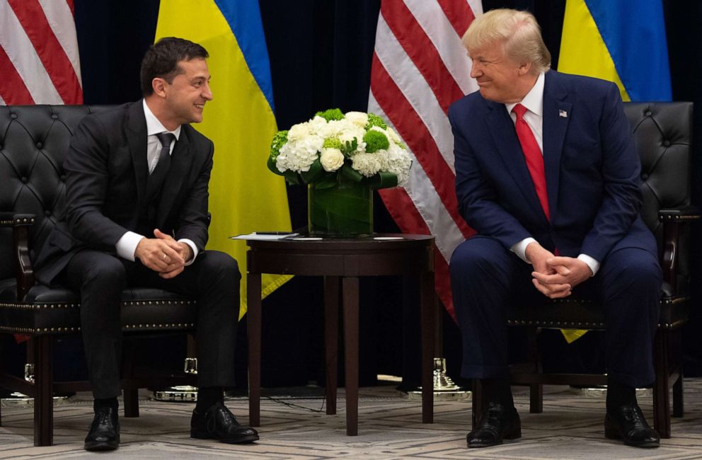 PHOTO: President Donald Trump and Ukrainian President Volodymyr Zelensky speak during a meeting in New York on September 25, 2019, on the sidelines of the United Nations General Assembly.