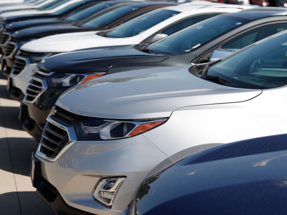 PHOTO: In this Sunday, July 28, 2019, file photograph, unsold 2019 Chevrolet Equinox sports utility vehicles sit at a dealership in Englewood, Colo.