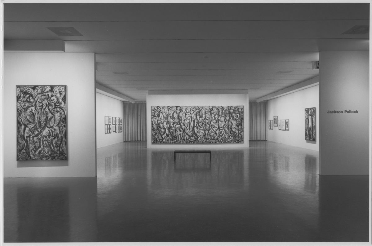Installation view of 'Jacskon Pollock' at MoMA.