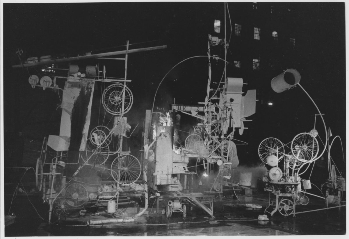 Installation view of 'Homage to New York: A Self-Constructing and Self-Destroying Work of Art Conceived and Built by Jean Tinguely' at MoMA.