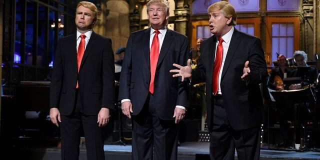 Taran Killam, Donald Trump, and Darrell Hammond during the monologue on November 7, 2015. (Dana Edelson/NBC/NBCU Photo Bank via Getty Images)