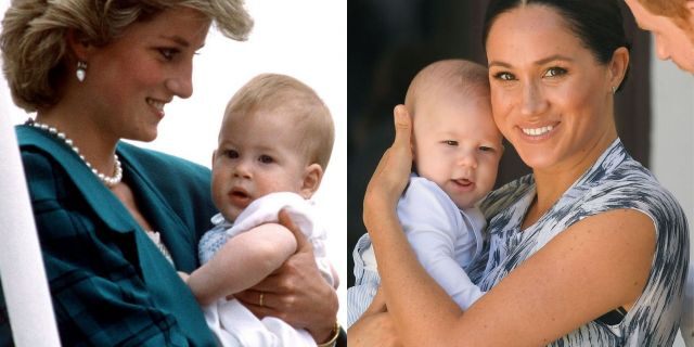 Princess Diana with baby Harry (L) and Meghan Markle with Archie (R) in South Africa. 