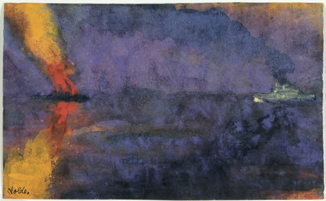 Emil Nolde, Kriegsschiff und brennender Dampfer (Warship and Burning Steamer), undated (ca. 1943), watercolor.