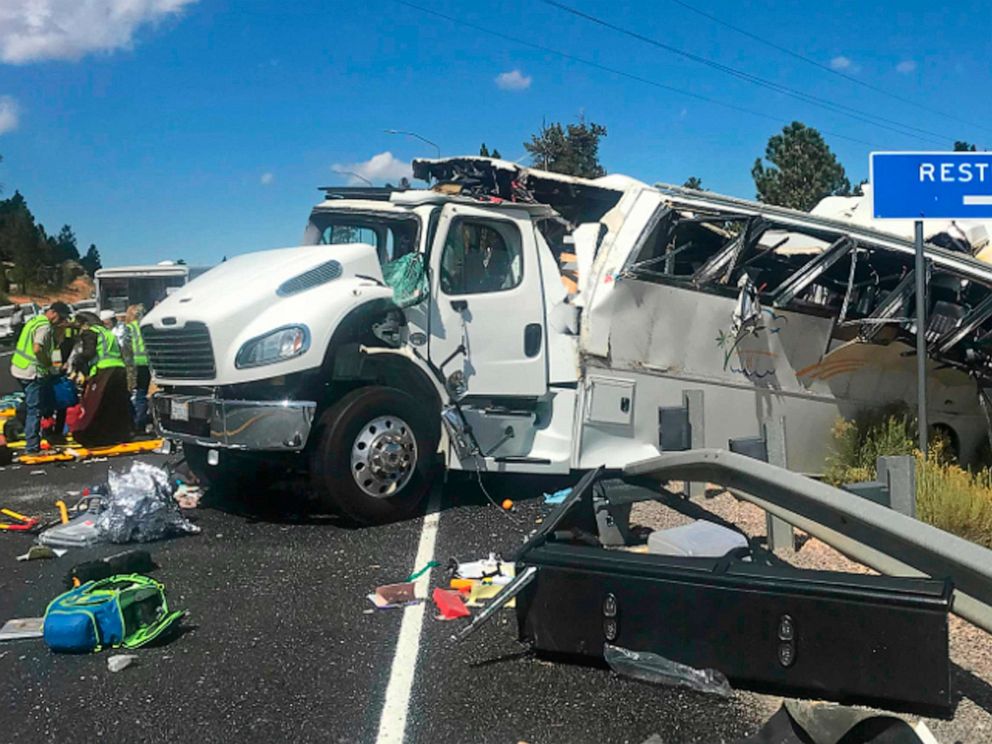 PHOTO: This photo released by the Garfield County Sheriffs Office shows a tour bus after it crashed near Bryce Canyon National Park in southern Utah, killing at least four people and critically injuring up to 15 others, Sept. 20, 2019.