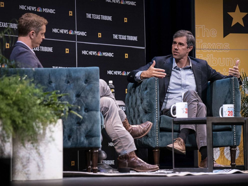 PHOTO: Democratic presidential candidate and former Rep. Beto ORourke speaks with Garrett Haake of MSNBC during a panel at The Texas Tribune Festival on Sept. 28, 2019 in Austin, Texas.