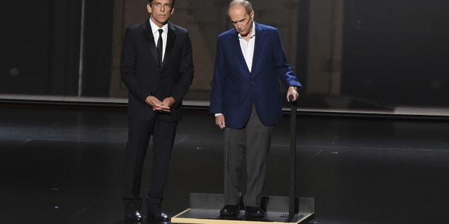 Ben Stiller, left, and Bob Newhart appear on stage at the 71st Primetime Emmy Awards on Sunday, Sept. 22, 2019, at the Microsoft Theater in Los Angeles.